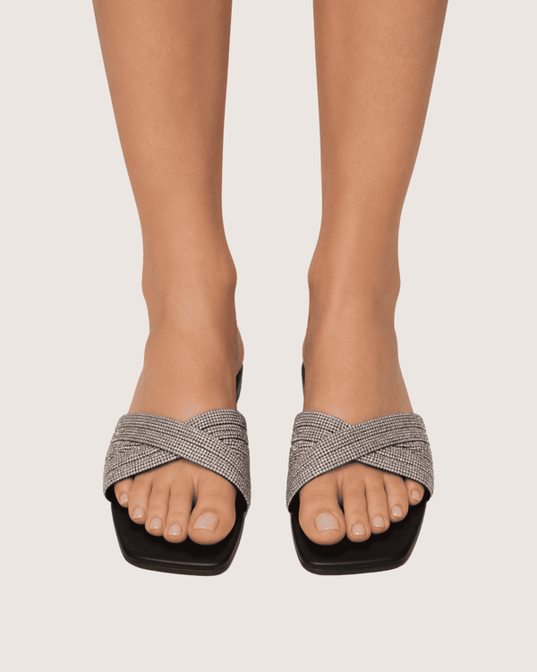 Noir Glimmer Cross Strap Flats (Black)