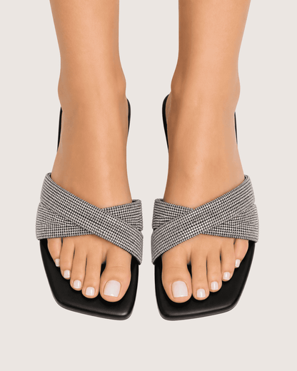Noir Glimmer Cross Strap Flats (Black) Malveris