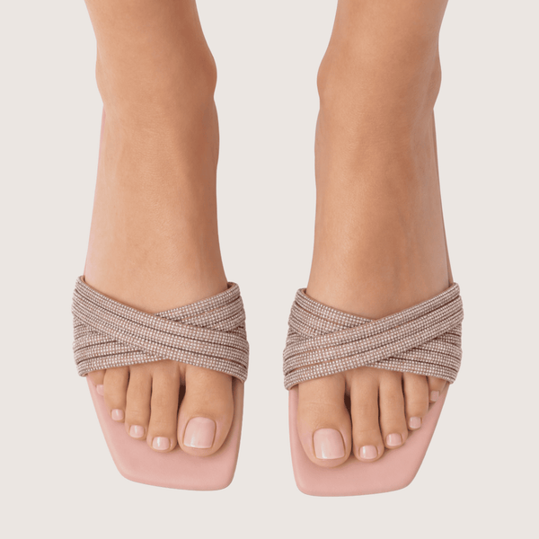 Noir Glimmer Cross Strap Flats (Peach)