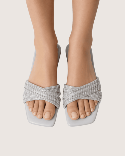 Noir Glimmer Cross Strap Flats (Silver) Malveris