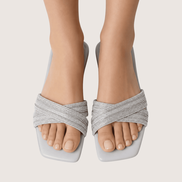 Noir Glimmer Cross Strap Flats (Silver)