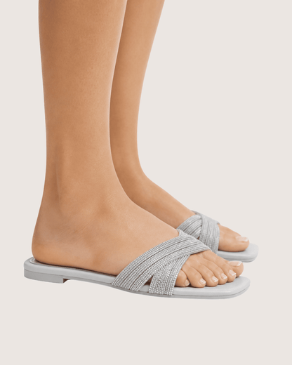 Noir Glimmer Cross Strap Flats (Silver) Malveris