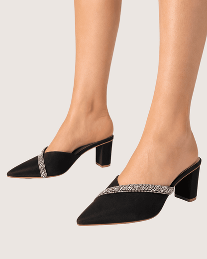 Veloura Ruby Crystal Mule Heels (Black)