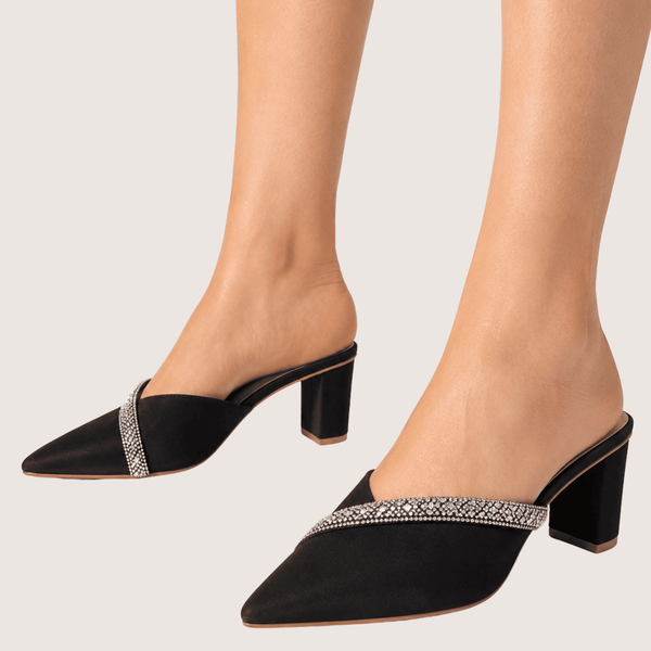 Veloura Ruby Crystal Mule Heels (Black)
