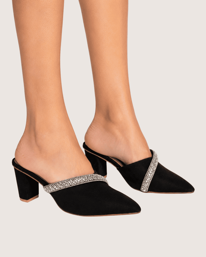 Veloura Ruby Crystal Mule Heels (Black)
