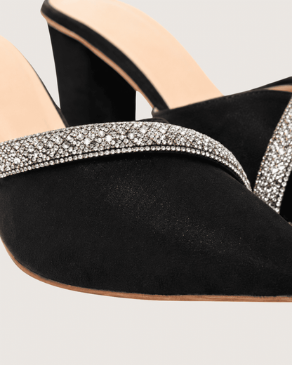 Veloura Ruby Crystal Mule Heels (Black)