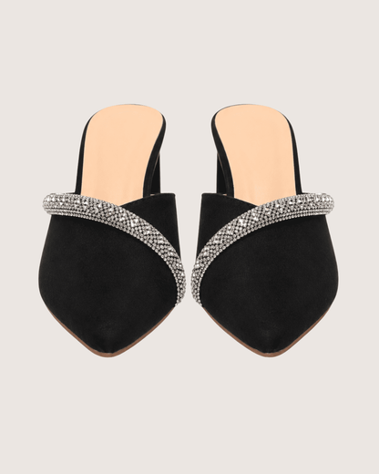 Veloura Ruby Crystal Mule Heels (Black)
