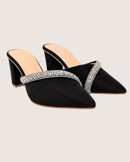 Veloura Ruby Crystal Mule Heels (Black)
