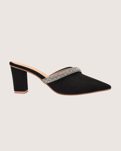 Veloura Ruby Crystal Mule Heels (Black)