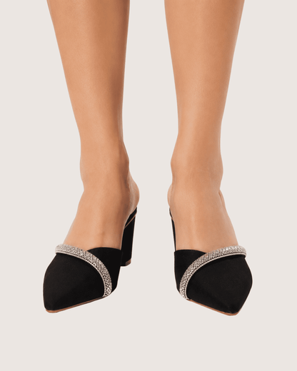 Veloura Ruby Crystal Mule Heels (Black)
