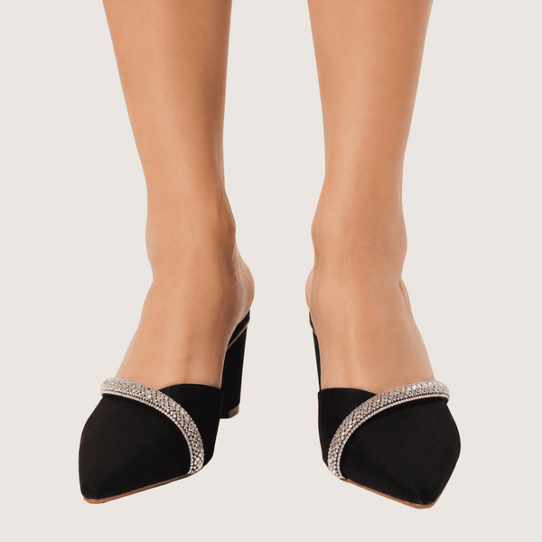 Veloura Ruby Crystal Mule Heels (Black)