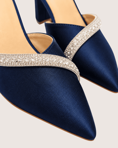 Veloura Ruby Crystal Mule Heels (Navy Blue)