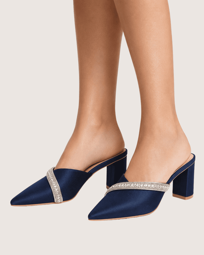 Veloura Ruby Crystal Mule Heels (Navy Blue)