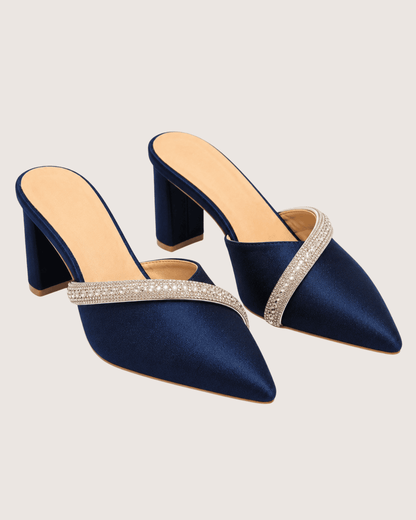 Veloura Ruby Crystal Mule Heels (Navy Blue)