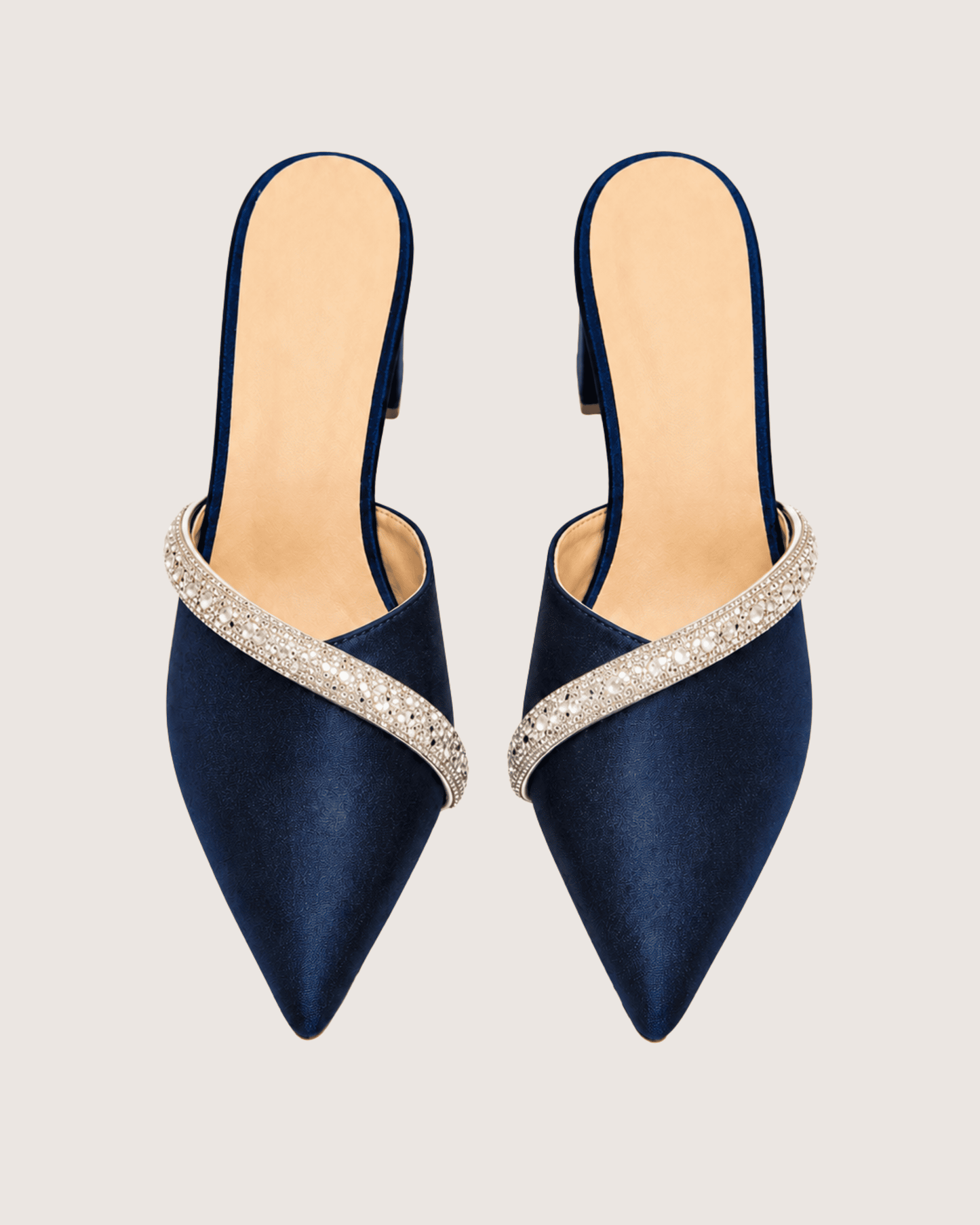 Veloura Ruby Crystal Mule Heels (Navy Blue)