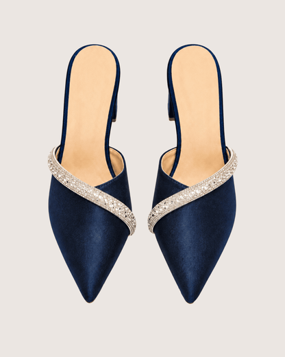 Veloura Ruby Crystal Mule Heels (Navy Blue)