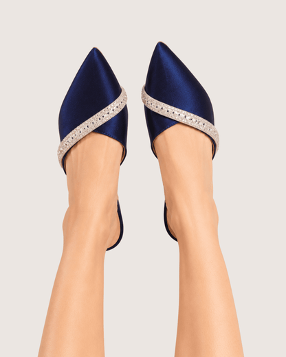 Veloura Ruby Crystal Mule Heels (Navy Blue)