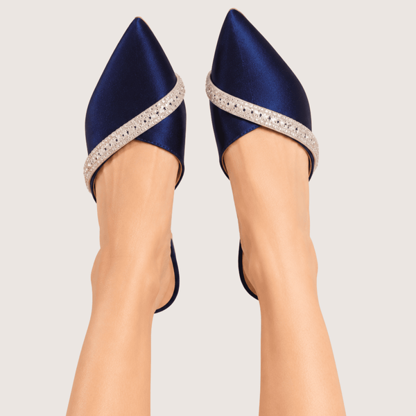Veloura Ruby Crystal Mule Heels (Navy Blue)