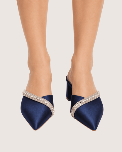 Veloura Ruby Crystal Mule Heels (Navy Blue)